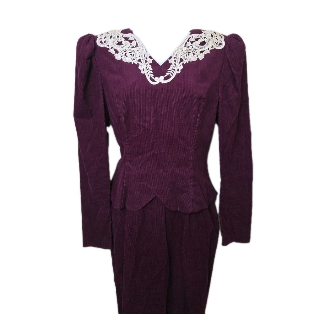 Vtg 80s Gunne Sax Jessica McClintock Corduroy Dress Lace Collar‎ Peplum 7/8 Dark